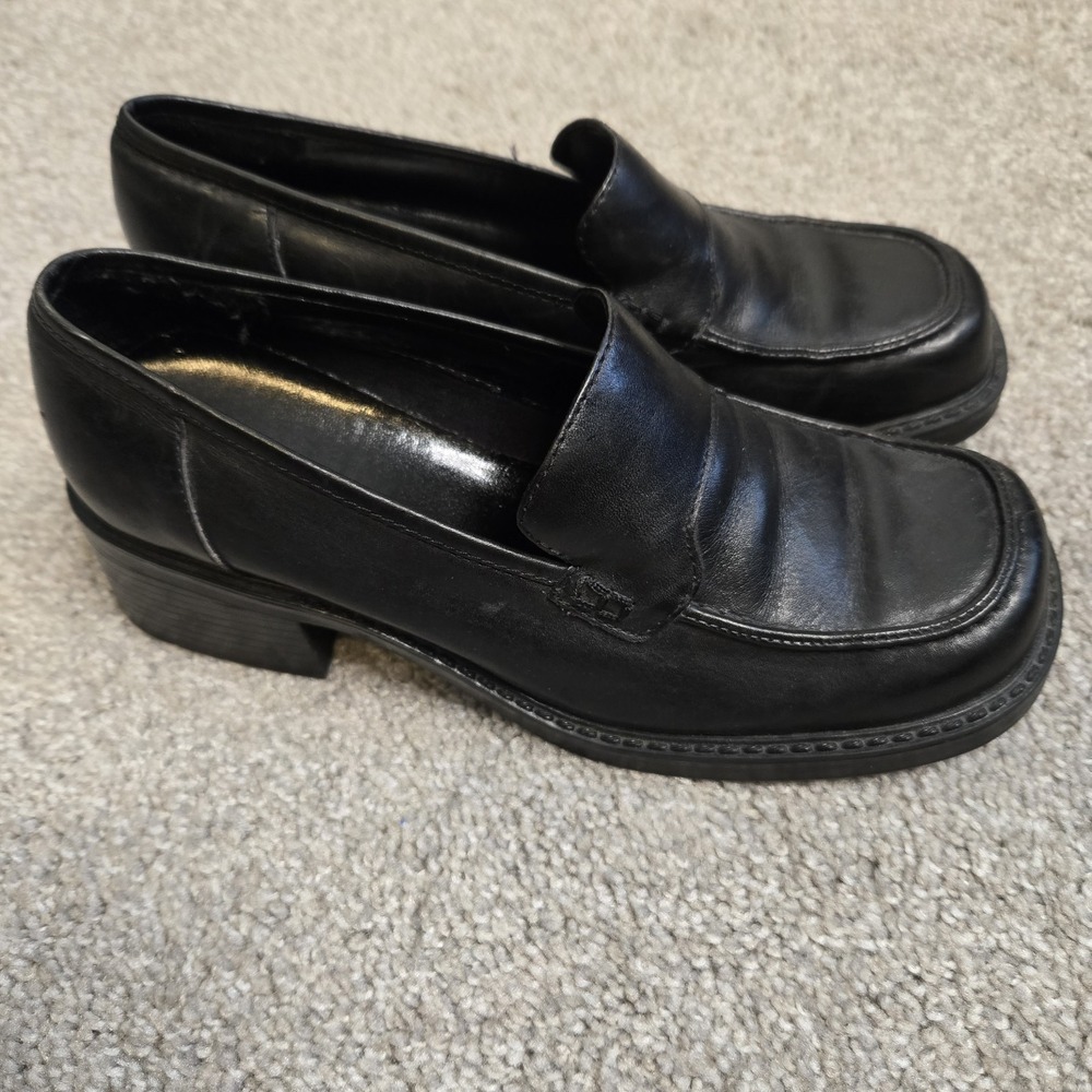 VTG Leather Y2K Chunky Heel LOAFER SHOES WOMENS 7.5 Black Whimsigoth Grunge READ